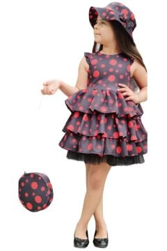 Kız Çocuk Kolları ve Eteği Kat Kat Fırfırlı Üzeri Kırmızı Benekli Elbise