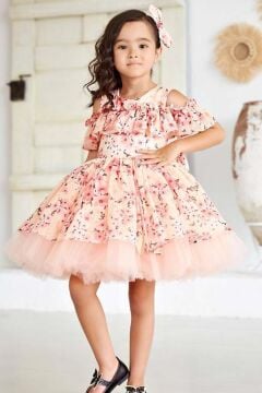 Kız Çocuk Omzu Açık Göğsü Fırfırlı Çiçek Detaylı Somon Abiye