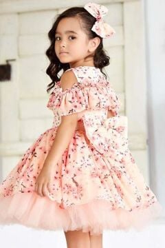 Kız Çocuk Omzu Açık Göğsü Fırfırlı Çiçek Detaylı Somon Abiye