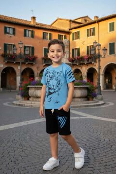 Erkek Çocuk Kaplan Figür Detaylı Tiger Yazılı Şortlu Takım