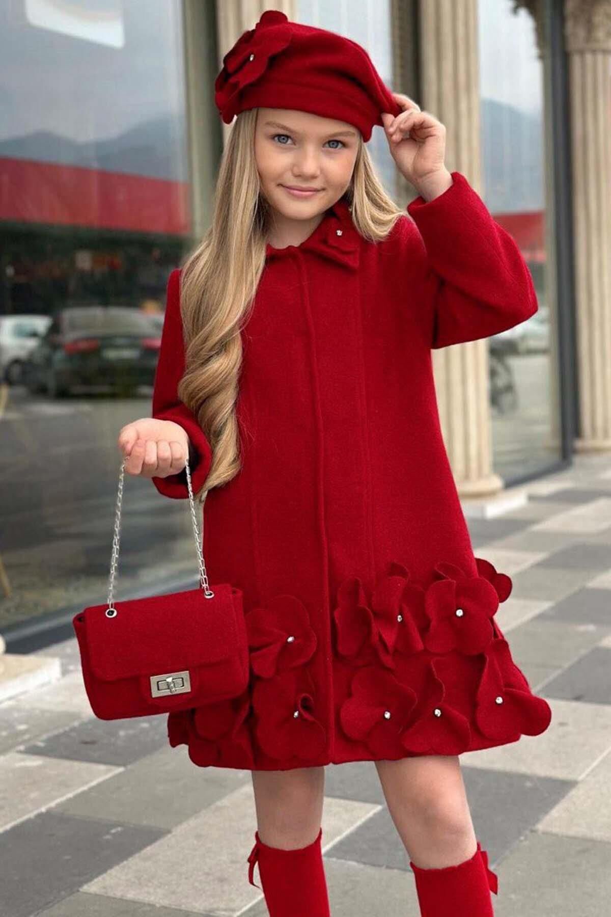 Kız Çocuk Yakası Taş ve Yonca Detaylı Çıtçıt Düğmeli Kırmızı Kaşe