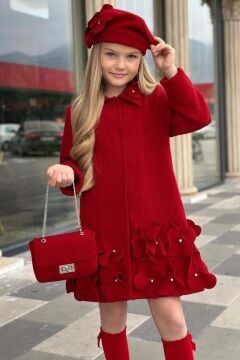 Kız Çocuk Yakası Taş ve Yonca Detaylı Çıtçıt Düğmeli Kırmızı Kaşe