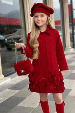 Kız Çocuk Yakası Taş ve Yonca Detaylı Çıtçıt Düğmeli Kırmızı Kaşe