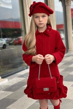 Kız Çocuk Yakası Taş ve Yonca Detaylı Çıtçıt Düğmeli Kırmızı Kaşe