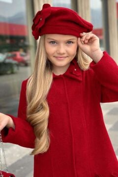 Kız Çocuk Yakası Taş ve Yonca Detaylı Çıtçıt Düğmeli Kırmızı Kaşe