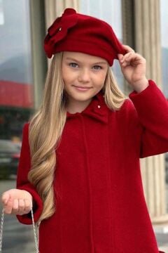 Kız Çocuk Yakası Taş ve Yonca Detaylı Çıtçıt Düğmeli Kırmızı Kaşe