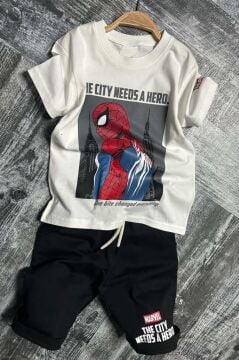 Erkek Çocuk Örümcek Adam Karakter ve Yazı Baskılı T-shirt İp Detaylı Siyah Şortlu Takım