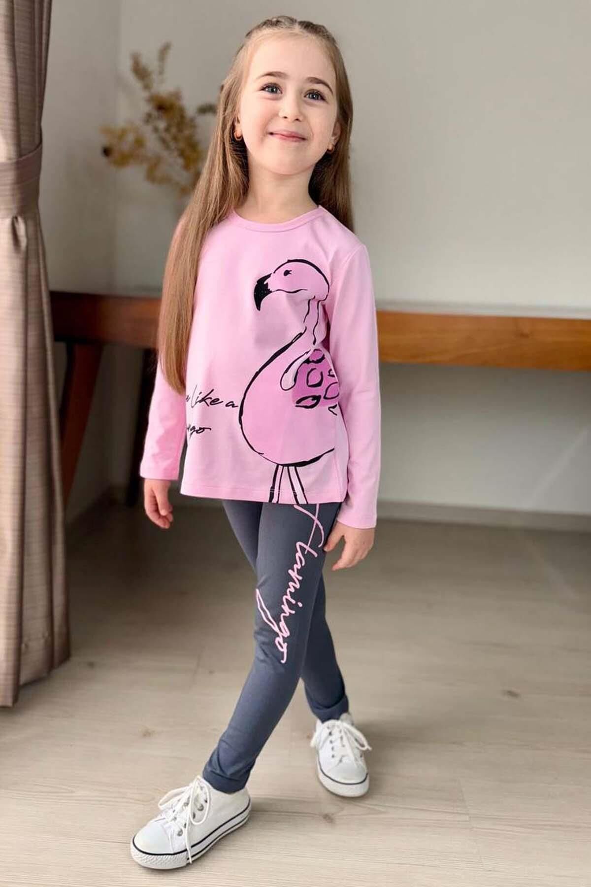 Kız Çocuk Flamingo Baskı ve Yazı Detaylı Pembe Taytlı Takım