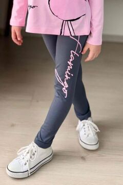 Kız Çocuk Flamingo Baskı ve Yazı Detaylı Pembe Taytlı Takım