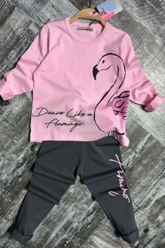 Kız Çocuk Flamingo Baskı ve Yazı Detaylı Pembe Taytlı Takım