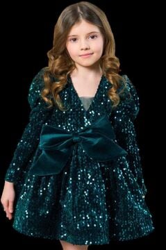 Kız Çocuk V Yaka Üzeri Pulpayet İşlemeli Eteği Kabarık Kadife Yeşil Abiye