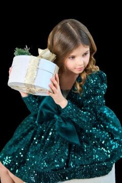 Kız Çocuk V Yaka Üzeri Pulpayet İşlemeli Eteği Kabarık Kadife Yeşil Abiye