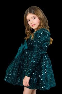 Kız Çocuk V Yaka Üzeri Pulpayet İşlemeli Eteği Kabarık Kadife Yeşil Abiye