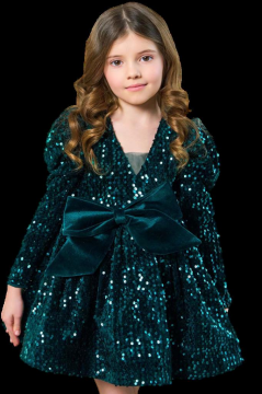 Kız Çocuk V Yaka Üzeri Pulpayet İşlemeli Eteği Kabarık Kadife Yeşil Abiye