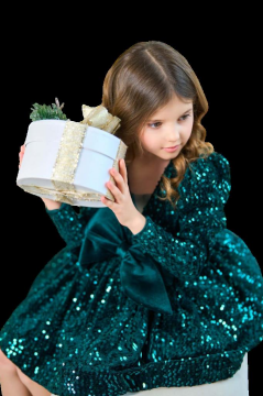 Kız Çocuk V Yaka Üzeri Pulpayet İşlemeli Eteği Kabarık Kadife Yeşil Abiye