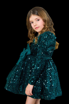 Kız Çocuk V Yaka Üzeri Pulpayet İşlemeli Eteği Kabarık Kadife Yeşil Abiye