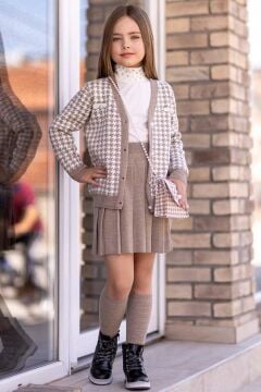 Kız Çocuk Kolları ve Yakası İnci Detaylı Bluz Kazayağı Desenli Triko Ceket Gri Etekli Takım