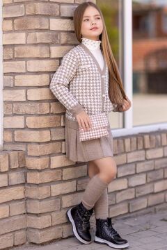 Kız Çocuk Kolları ve Yakası İnci Detaylı Bluz Kazayağı Desenli Triko Ceket Gri Etekli Takım