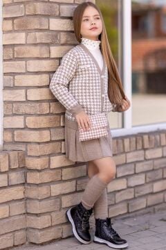 Kız Çocuk Kolları ve Yakası İnci Detaylı Bluz Kazayağı Desenli Triko Ceket Gri Etekli Takım