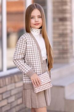 Kız Çocuk Kolları ve Yakası İnci Detaylı Bluz Kazayağı Desenli Triko Ceket Gri Etekli Takım