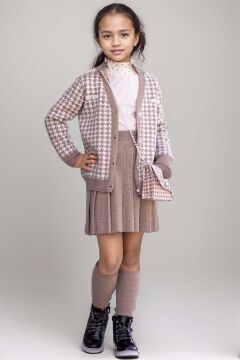 Kız Çocuk Kolları ve Yakası İnci Detaylı Bluz Kazayağı Desenli Triko Ceket Gri Etekli Takım