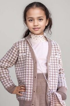 Kız Çocuk Kolları ve Yakası İnci Detaylı Bluz Kazayağı Desenli Triko Ceket Gri Etekli Takım