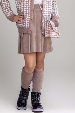 Kız Çocuk Kolları ve Yakası İnci Detaylı Bluz Kazayağı Desenli Triko Ceket Gri Etekli Takım