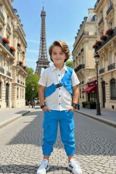 Erkek Çocuk Gabardin Gömlek ve Kemerli Yelek Kargo Cepli Pantolon Mavi Alt Üst Takım