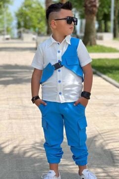 Erkek Çocuk Gabardin Gömlek ve Kemerli Yelek Kargo Cepli Pantolon Mavi Alt Üst Takım