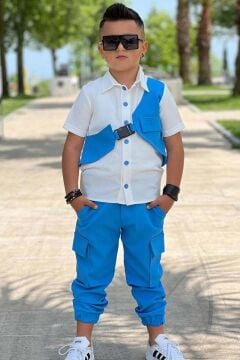 Erkek Çocuk Gabardin Gömlek ve Kemerli Yelek Kargo Cepli Pantolon Mavi Alt Üst Takım