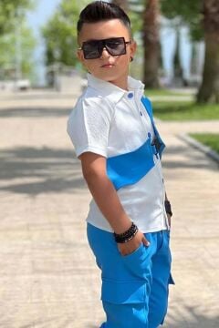 Erkek Çocuk Gabardin Gömlek ve Kemerli Yelek Kargo Cepli Pantolon Mavi Alt Üst Takım
