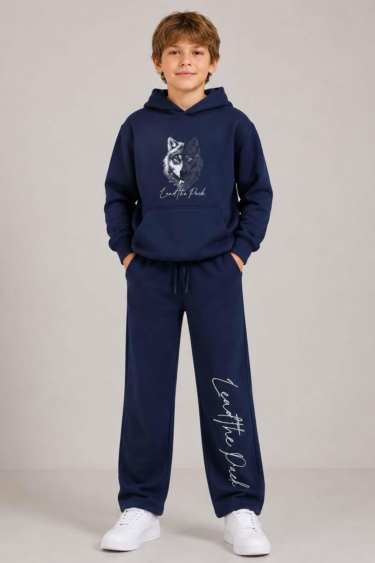 Erkek Çocuk Önü ve Arkası Kurt Çizim Baskılı Kapüşonlu Sweatshirt Lacivert Eşofman Takım