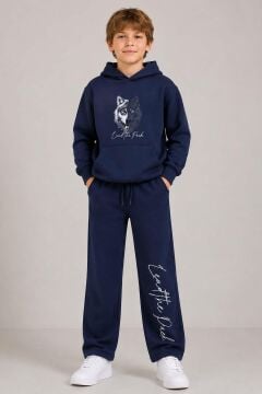 Erkek Çocuk Önü ve Arkası Kurt Çizim Baskılı Kapüşonlu Sweatshirt Lacivert Eşofman Takım