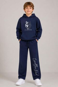 Erkek Çocuk Önü ve Arkası Kurt Çizim Baskılı Kapüşonlu Sweatshirt Lacivert Eşofman Takım