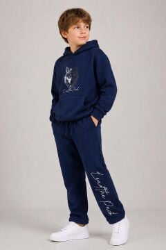 Erkek Çocuk Önü ve Arkası Kurt Çizim Baskılı Kapüşonlu Sweatshirt Lacivert Eşofman Takım