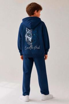 Erkek Çocuk Önü ve Arkası Kurt Çizim Baskılı Kapüşonlu Sweatshirt Lacivert Eşofman Takım