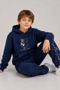 Erkek Çocuk Önü ve Arkası Kurt Çizim Baskılı Kapüşonlu Sweatshirt Lacivert Eşofman Takım