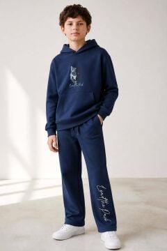 Erkek Çocuk Önü ve Arkası Kurt Çizim Baskılı Kapüşonlu Sweatshirt Lacivert Eşofman Takım