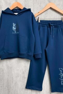 Erkek Çocuk Önü ve Arkası Kurt Çizim Baskılı Kapüşonlu Sweatshirt Lacivert Eşofman Takım