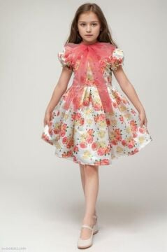 Kız Çocuk Çiçek Baskılı Yakası Transparan Fiyonk Detaylı Beyaz Elbise