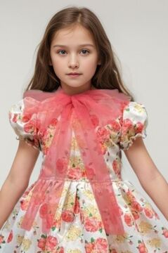 Kız Çocuk Çiçek Baskılı Yakası Transparan Fiyonk Detaylı Beyaz Elbise