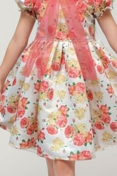 Kız Çocuk Çiçek Baskılı Yakası Transparan Fiyonk Detaylı Beyaz Elbise