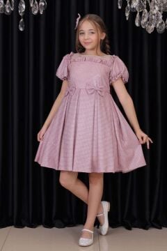 Kız Çocuk Kare Yaka Şeffaf Tüllü Omuzları Fırfırlı Beli Fiyonk Detaylı Üzeri Simli Pembe Abiye