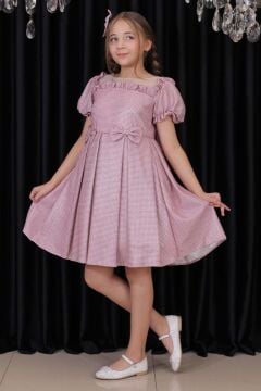 Kız Çocuk Kare Yaka Şeffaf Tüllü Omuzları Fırfırlı Beli Fiyonk Detaylı Üzeri Simli Pembe Abiye