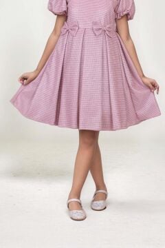 Kız Çocuk Kare Yaka Şeffaf Tüllü Omuzları Fırfırlı Beli Fiyonk Detaylı Üzeri Simli Pembe Abiye