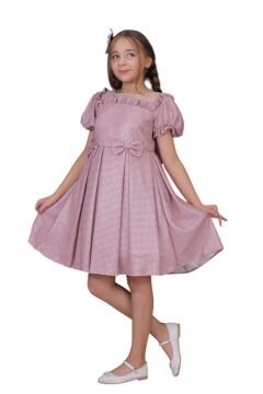 Kız Çocuk Kare Yaka Şeffaf Tüllü Omuzları Fırfırlı Beli Fiyonk Detaylı Üzeri Simli Pembe Abiye