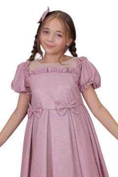 Kız Çocuk Kare Yaka Şeffaf Tüllü Omuzları Fırfırlı Beli Fiyonk Detaylı Üzeri Simli Pembe Abiye