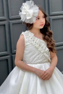 Kız Çocuk Tek Omuz Taş Detaylı Eteği Kabarık Beyaz Abiye