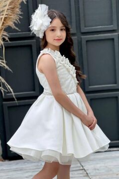 Kız Çocuk Tek Omuz Taş Detaylı Eteği Kabarık Beyaz Abiye