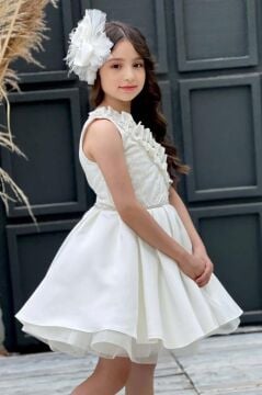 Kız Çocuk Tek Omuz Taş Detaylı Eteği Kabarık Beyaz Abiye